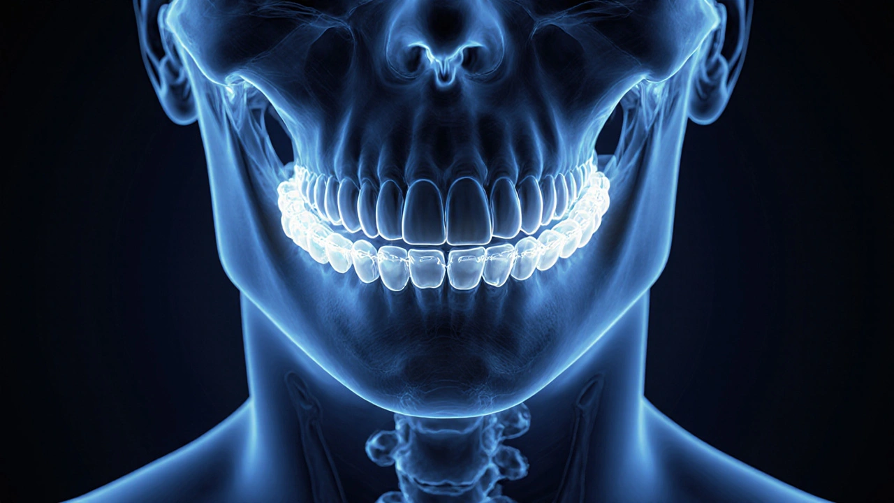Přehled lidské čelisti s pohybem zubů a udržováním retentory během spánku.