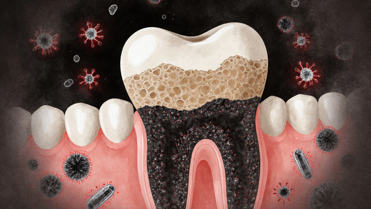 Přehledový náčrt zubu s vrstvami plaku a bakterií převrácených do černého kameně.