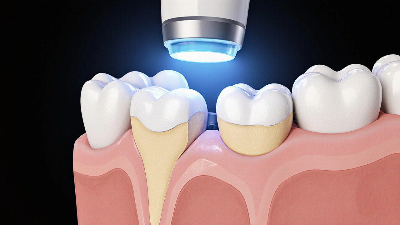 Příčný řez zubem s vrstvami kompozitní plomby ztvrdávanými modrou světelnou lampou.