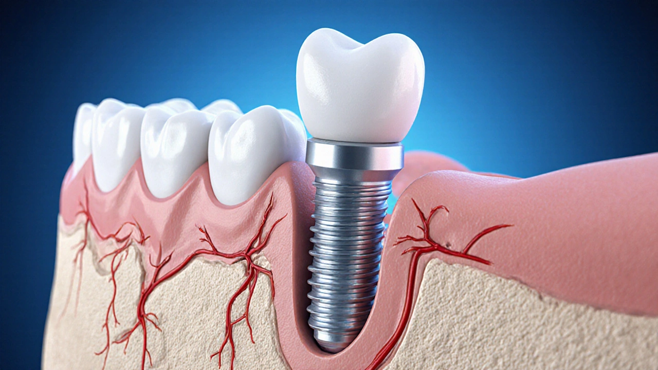 Průřez čelisti s implantátem integrovaným do kosti a korunkou nad dásní.