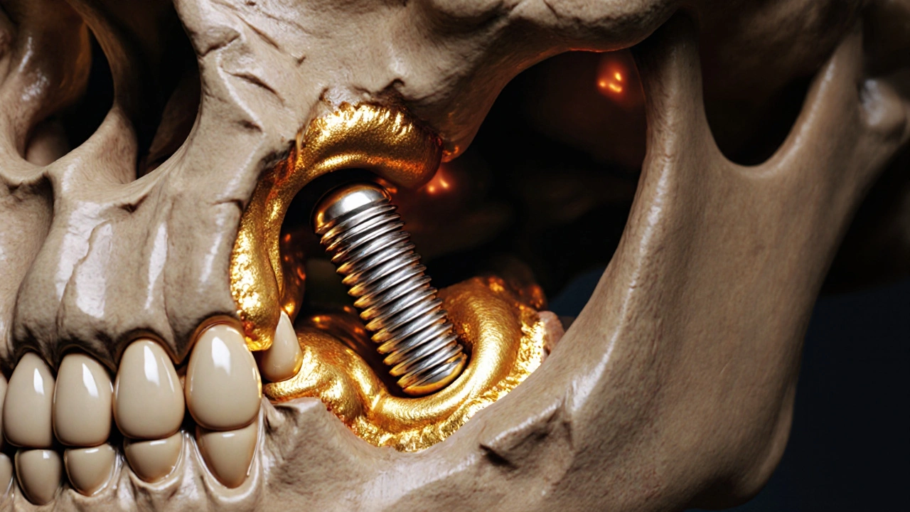 Řez čelistí s implantátem integrovaným do kosti, symbolizující udržení kostní tkáně.