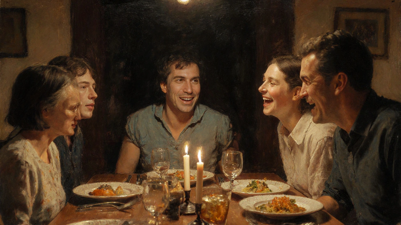 Rodina se směje společně u večeře, jeden člen otevřeně usmívá se s mezerou mezi zuby, ostatní se přiklání s pravděpodobnými úsměvy.