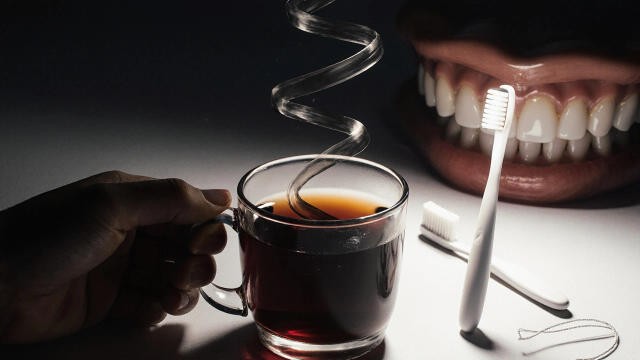 Šálek černého čaje a zubní kartáček s tmavými stopami směřujícími k zubům.
