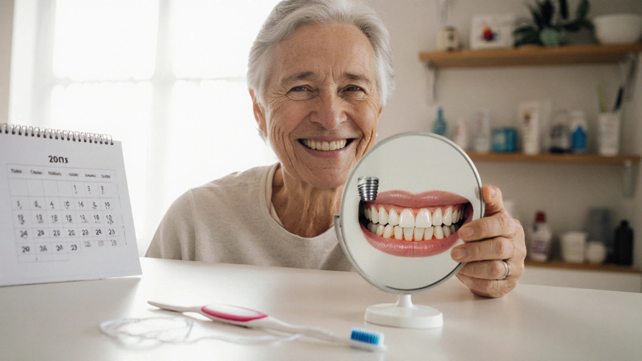 Smiling person showing natural-looking dental crown with healthy gums.