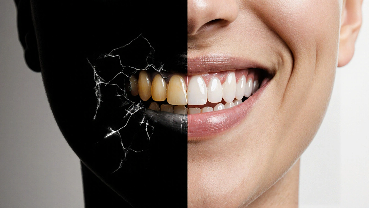 Srovnání poškozené plastové plomby a lesklé keramické korunky v jednom úsměvu.