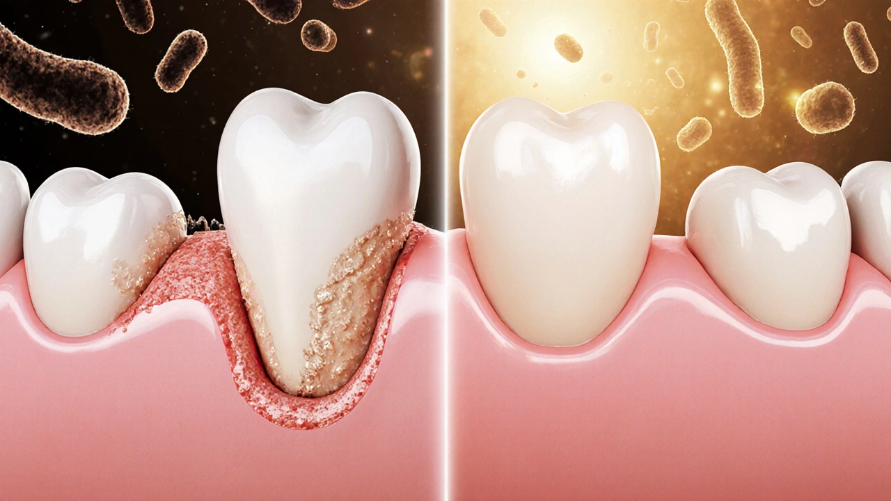 Srovnání zdravých a zánětlivých dásní po kyretáži a péči.