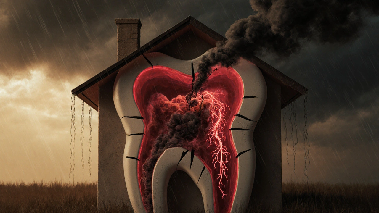 Symbolický obraz domu s prasklou střechou, kde vnitřek představuje zubní pultu napadenou bakteriemi.