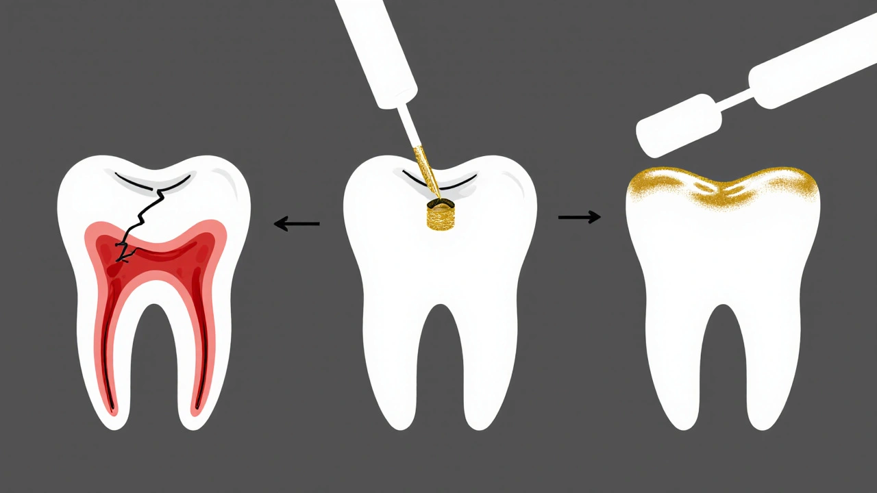 Tři fáze léčby kořenových kanálků: infekce, čištění a krytí korunkou.