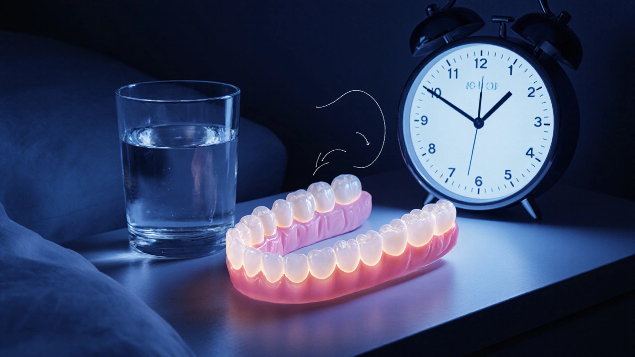 Vyjímatelné retentory na nočním stolku vedle hodin a sklenice vody.