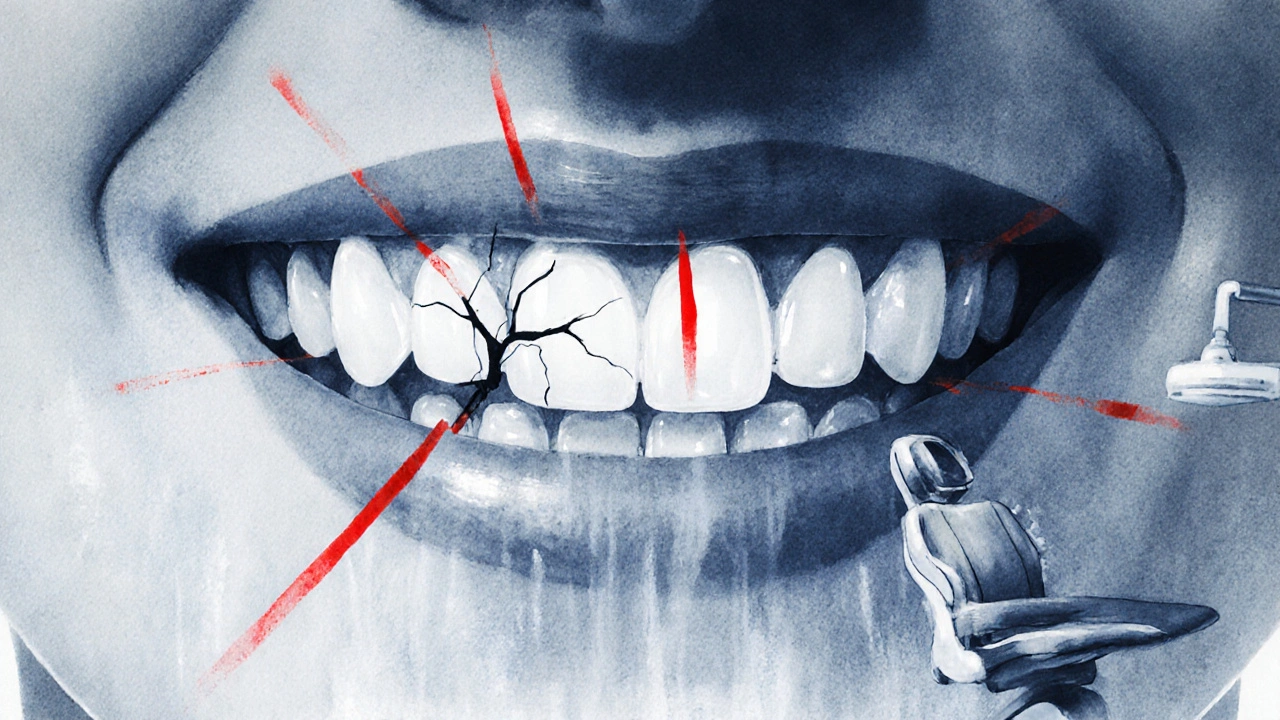 Zdravý úsměv s jedním poškozeným předním zubem a červenými varovnými čárami.