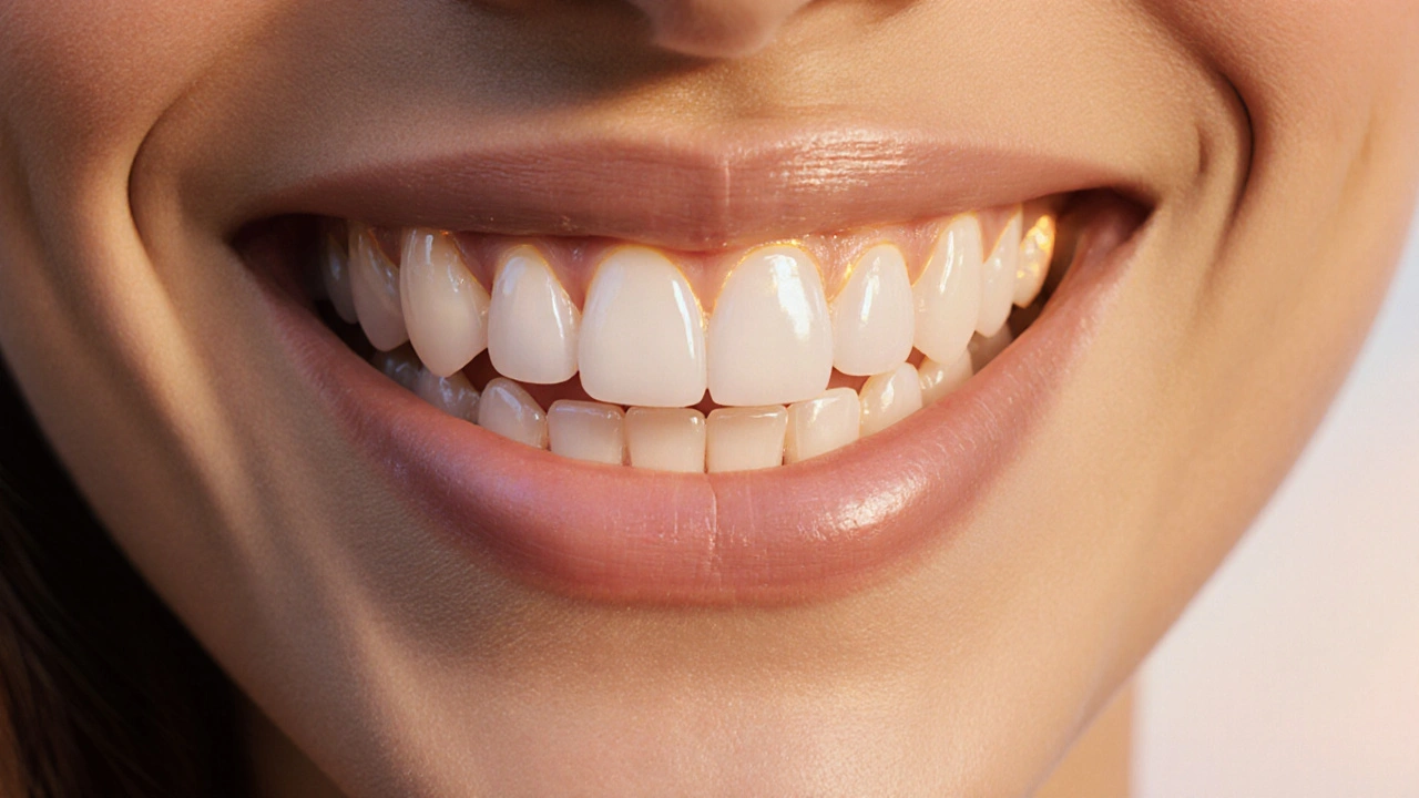 Žena se zdokonaleným úsměvem s keramickými fazetami na horních zubech.
