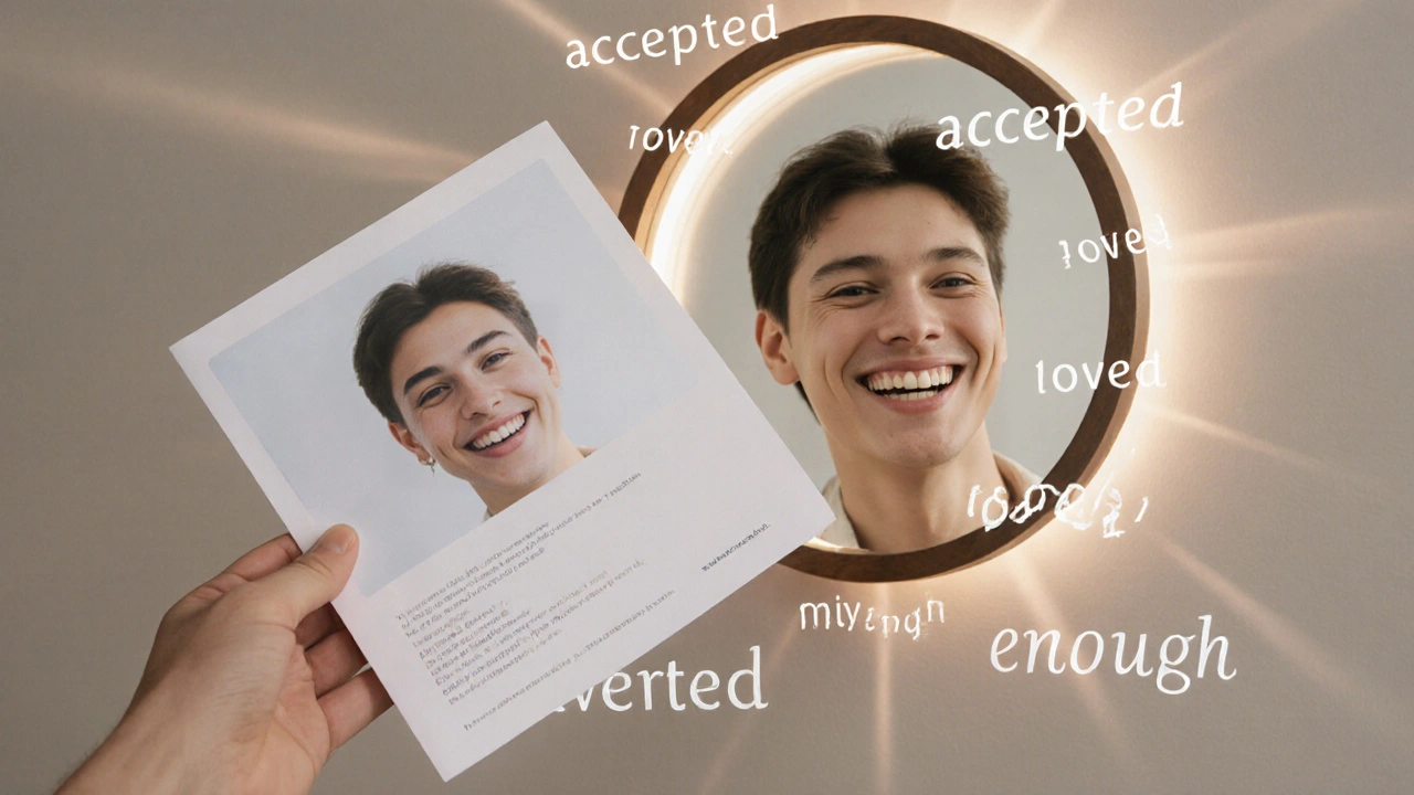 Zrcadlo odrazuje smích s mezerou mezi zuby, zatímco v okolí plavou symbolická slova jako 'přijatý', 'milovaný', 'dostatečný'.