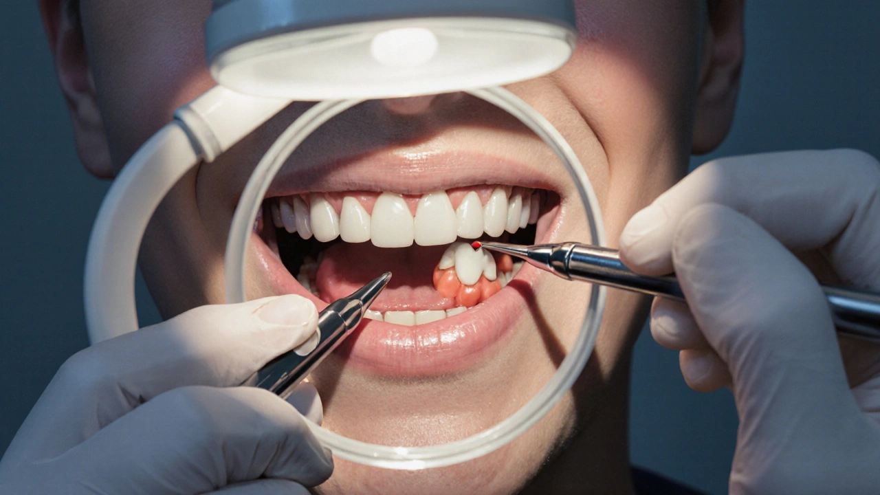 Zubař opravuje přední zub kompozitní výplní pod zubní lampou.