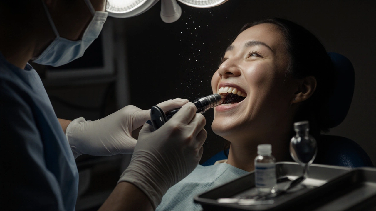 Zubní hygienistka odstraňuje černý zubní kámen pomocí ultrazvukového skaleru v klinice.