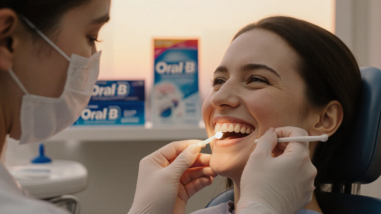 Zubní lékař aplikuje fluoridový lak pacientovi s klidným výrazem.