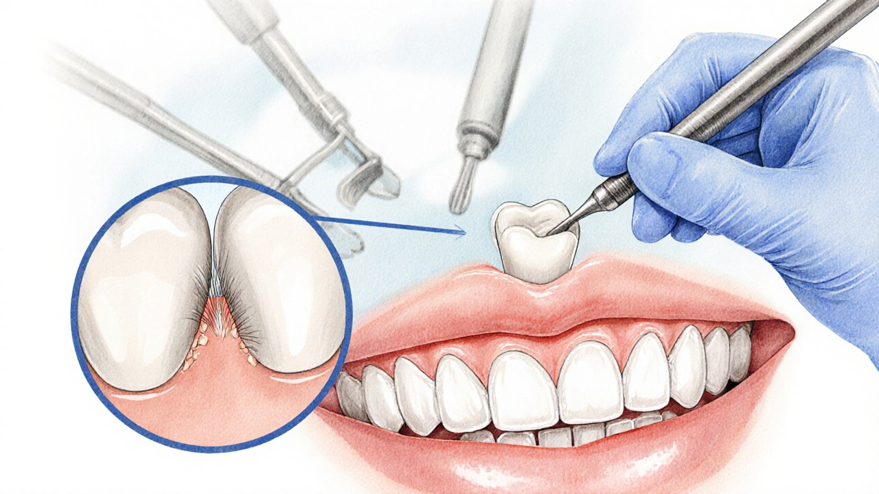 Zubní lékař připevňuje tenkou keramickou fazetu na zub s minimálním odběrem tkáně.