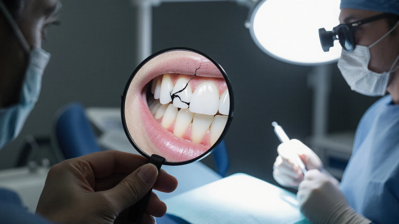 Zubní lékař prohlíží prasklý zub pomocí zvětšovací lupy v klinice při silném osvětlení.