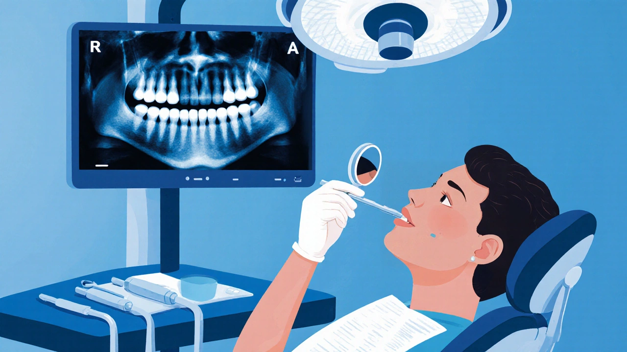 Zubní lékař vyšetřuje pacienta s rentgenem diastémy