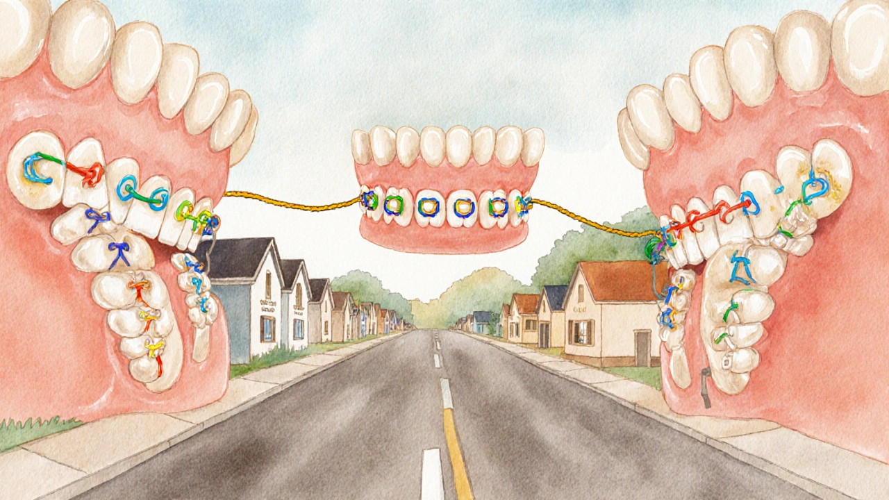 Zuby jako domy s gumičkami jako lany, které vyrovnávají špatné sevření.