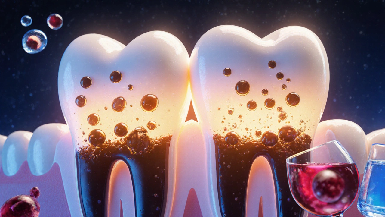 Zvětšený pohled na zubní email s vstřebávajícími se barvivy, v pozadí bezpečné potraviny.