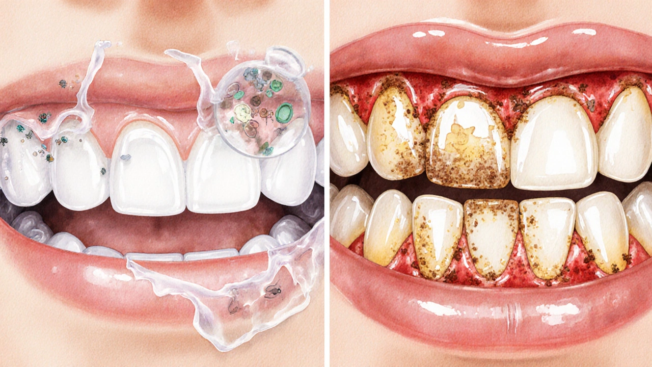 Zvětšený pohled na zubní kámen a zánět dásní u dětských zubů.