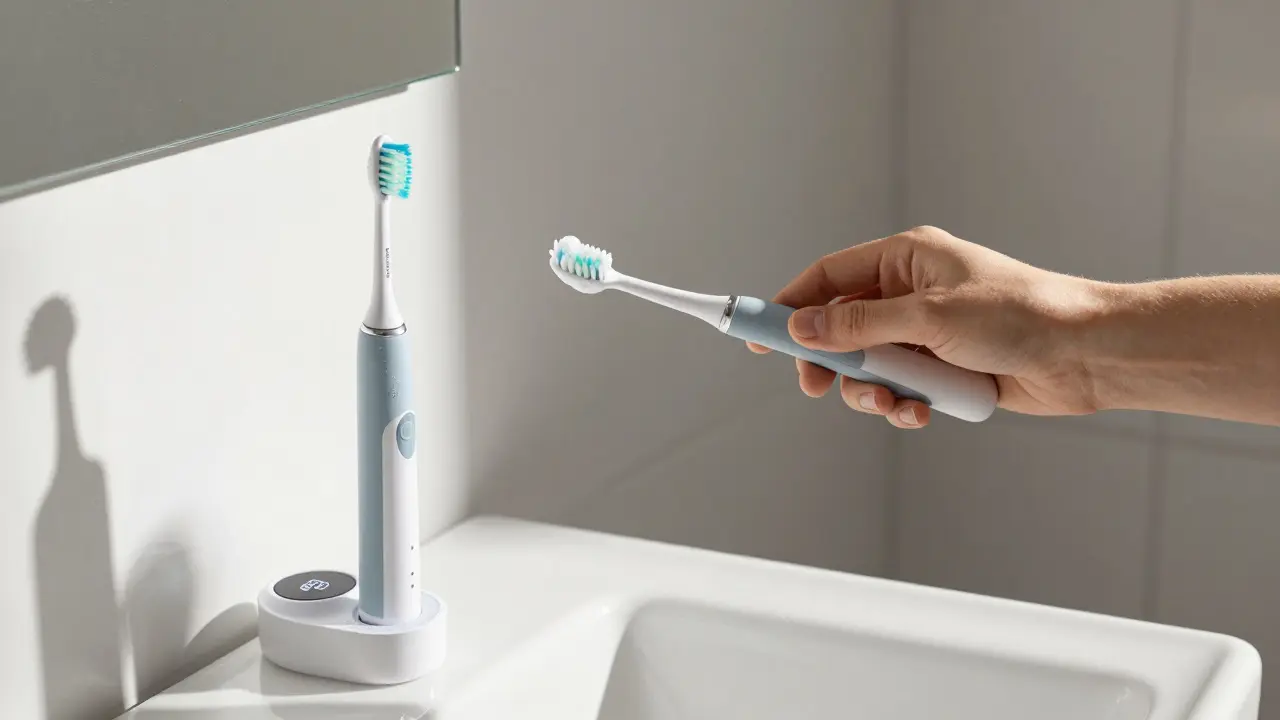 Člověk čistí zuby sonickým kartáčkem ráno v koupelně s čistou tváří a jasným pohledem.