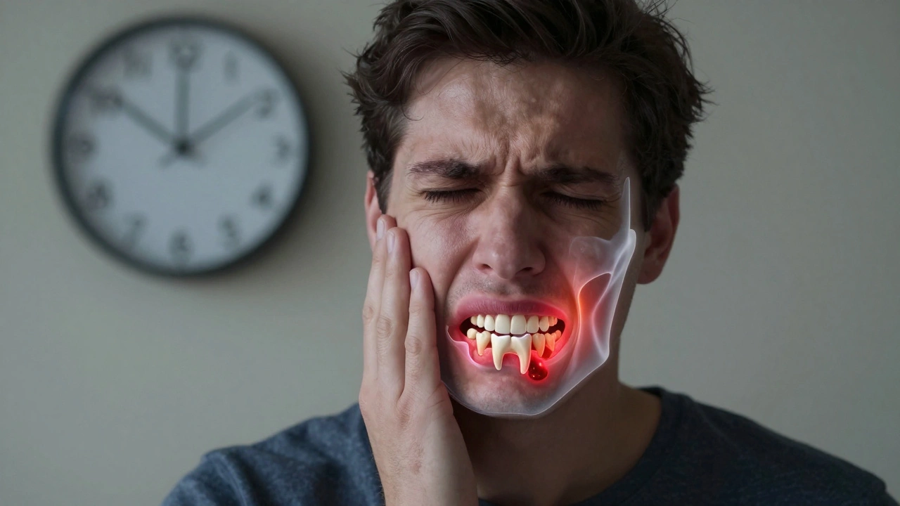 Člověk drží tvář v bolesti, s přehledem infekce v čelisti a varováním o komplikacích.