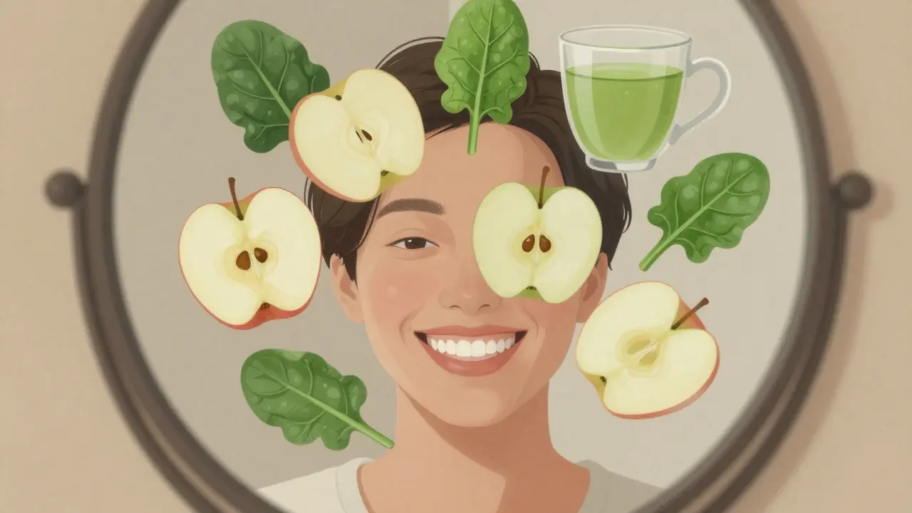 Člověk se usmívá do zrcadla, kolem něj plavou zdravé potraviny pro bílé zuby.