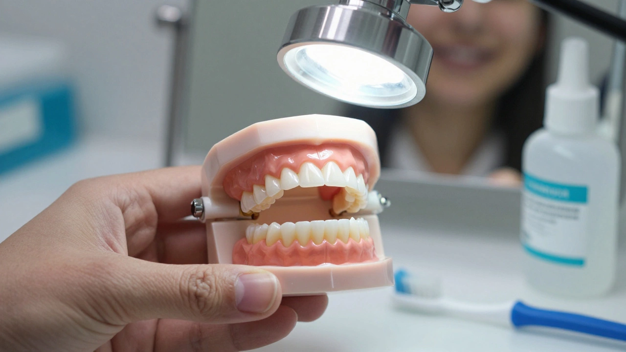 Detail náhradních zubů s kartáčkem a čisticími prostředky na pozadí.