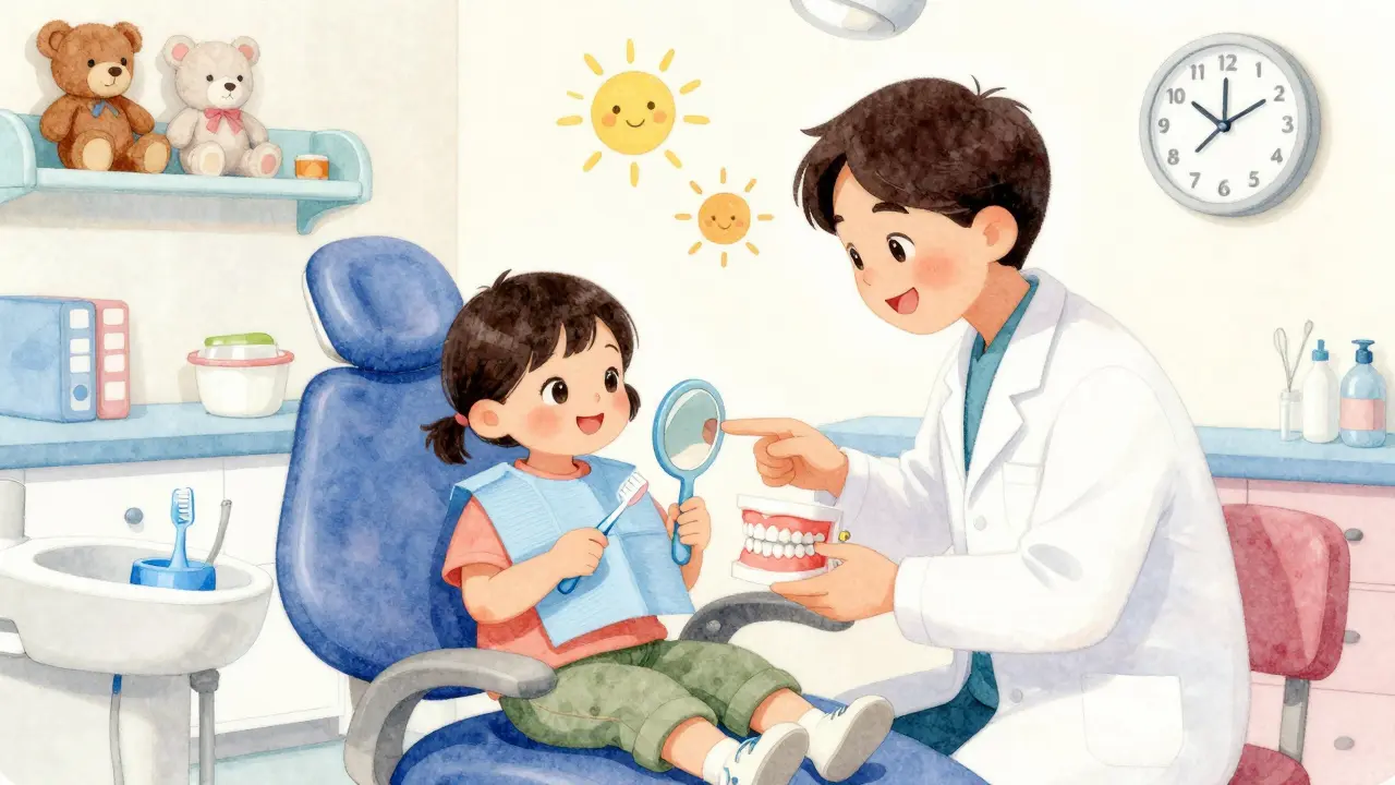 Dětský stomatolog ukazuje dítěti zuby ve zrcátku v barevné ordinaci.