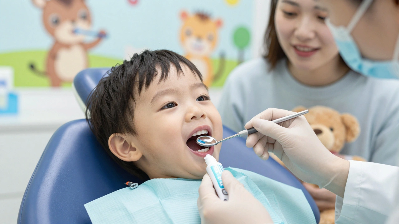 Dětský zubní lékař prohlíží mléčné zuby dítěte pomocí malého zrcátka v přívětivém prostředí.