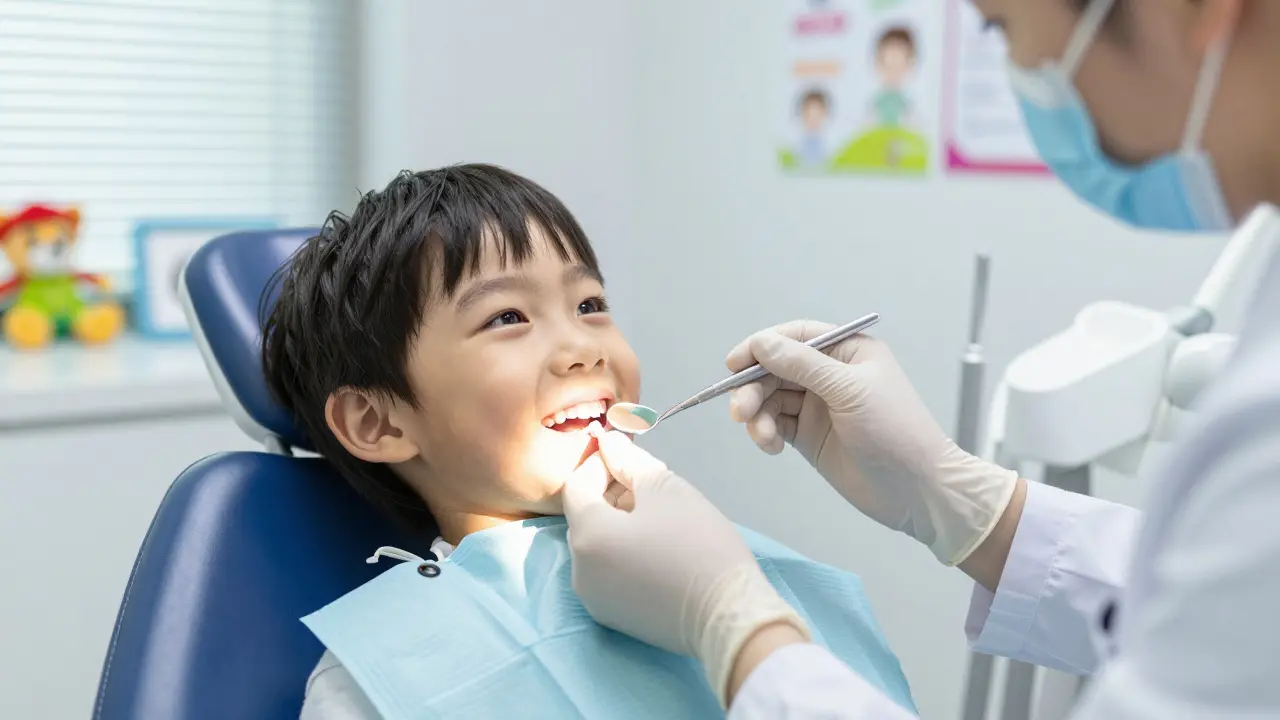 Dítě v zubní klinice s vypnutým zubem a zubním lékařem.