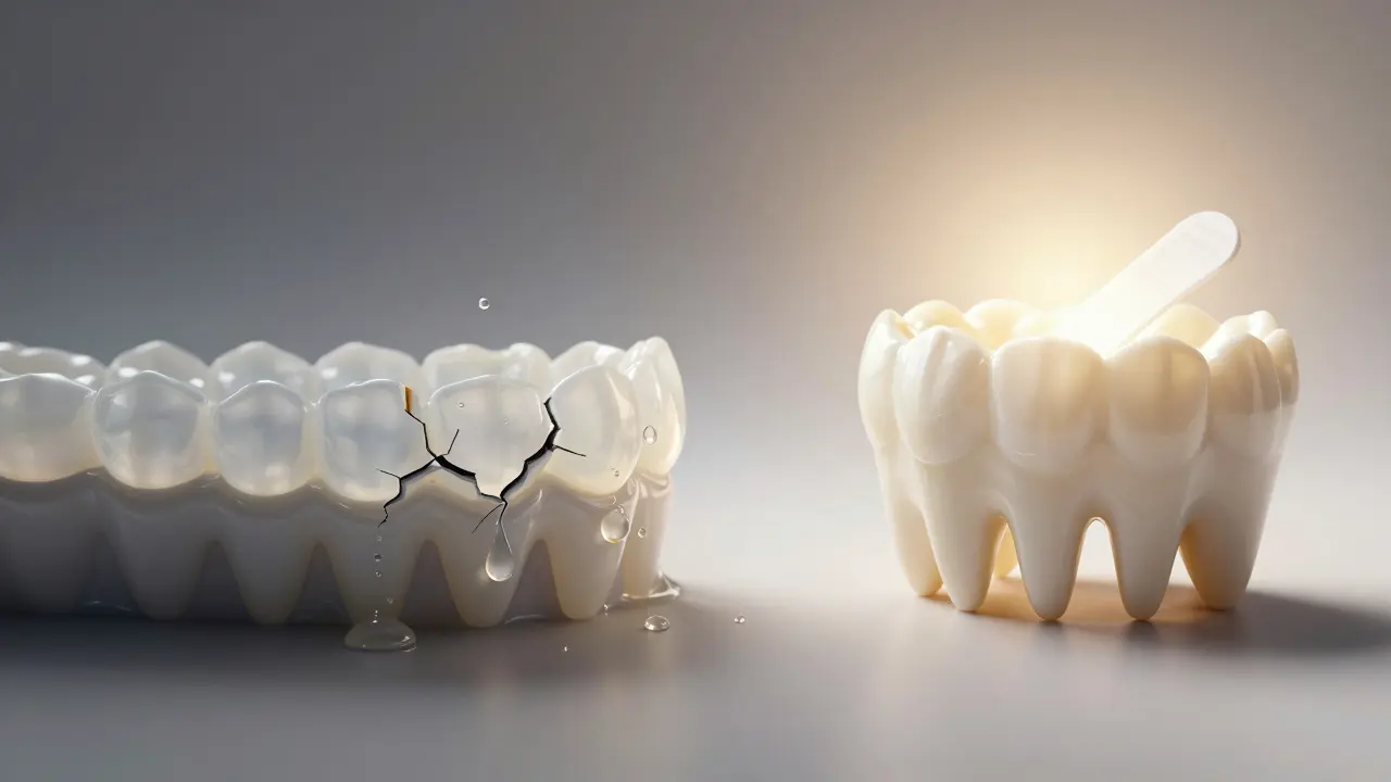 Dvě cesty: poškozené zuby s kyselinami vs. bezpečné bělení.