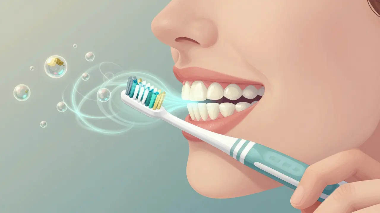 Energetické vlny z kartáčku rozkládají biofilm mezi zuby a pod dásněmi.