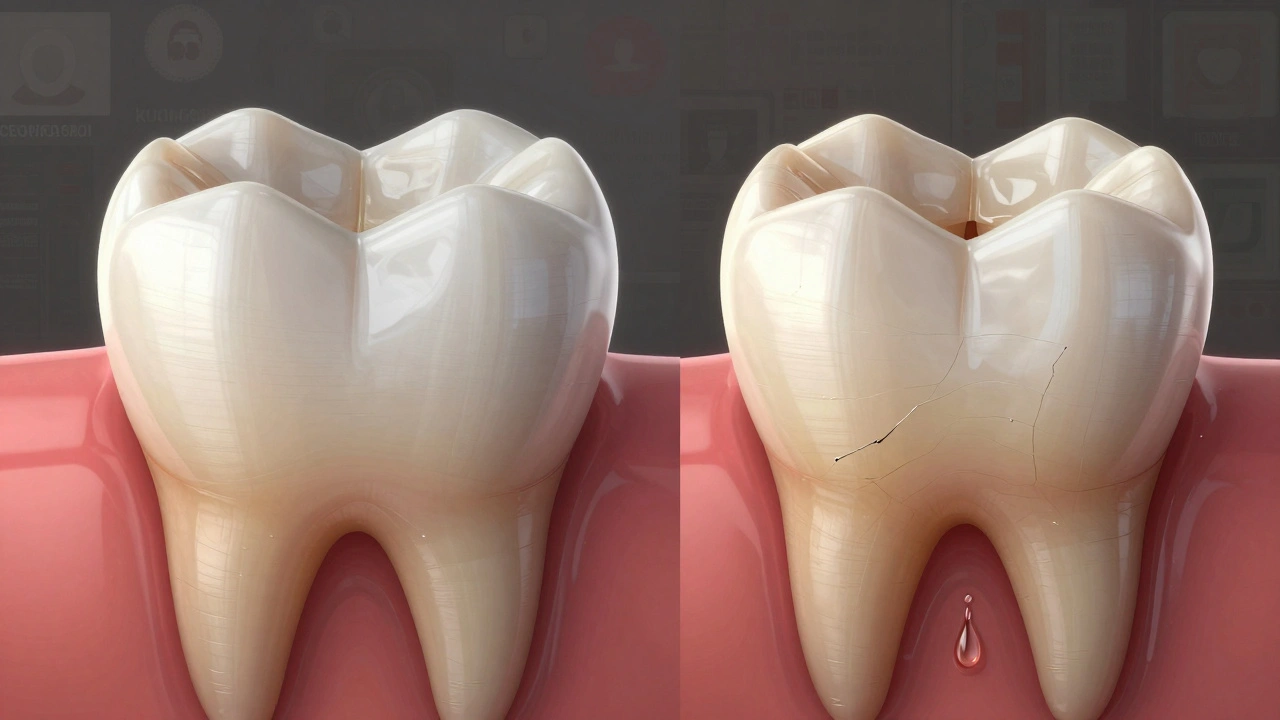 Healthy tooth compared to damaged tooth with exposed yellow dentin.