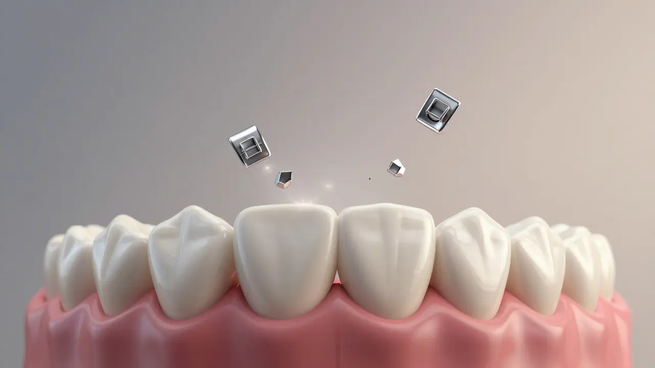 Keramická částka rovnátka na zubě, zatímco kovové části se rozptýlí ve světle.