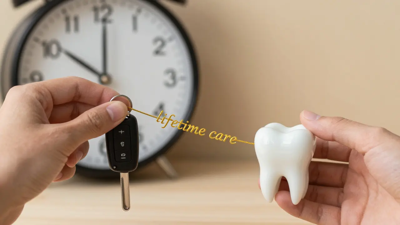 Klíč od auta a zub spojené symbolicky, znázorňující dlouhodobou péči.