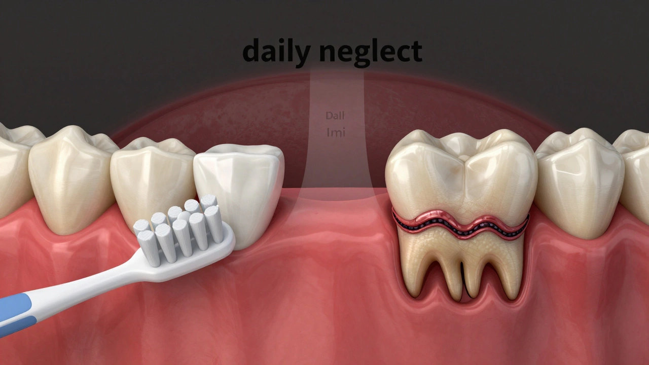Konceptuální obrázek: zdravé dásně vs. ztráta kosti kvůli nečistění mezizubních prostorů.