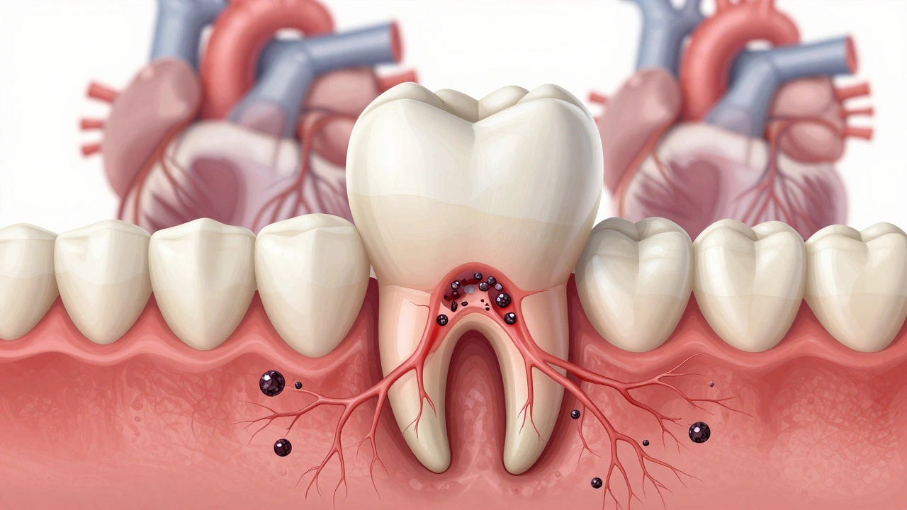 Kořen zubu s odšťácněnými dásněmi a bakteriemi, spojený s krevním oběhem.