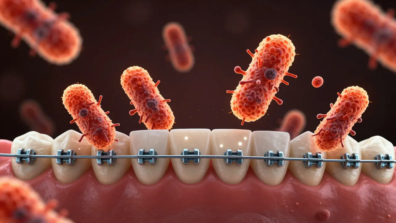Mikroskopické bakterie hromadící se mezi dráty a zuby s prvními známkami kariés
