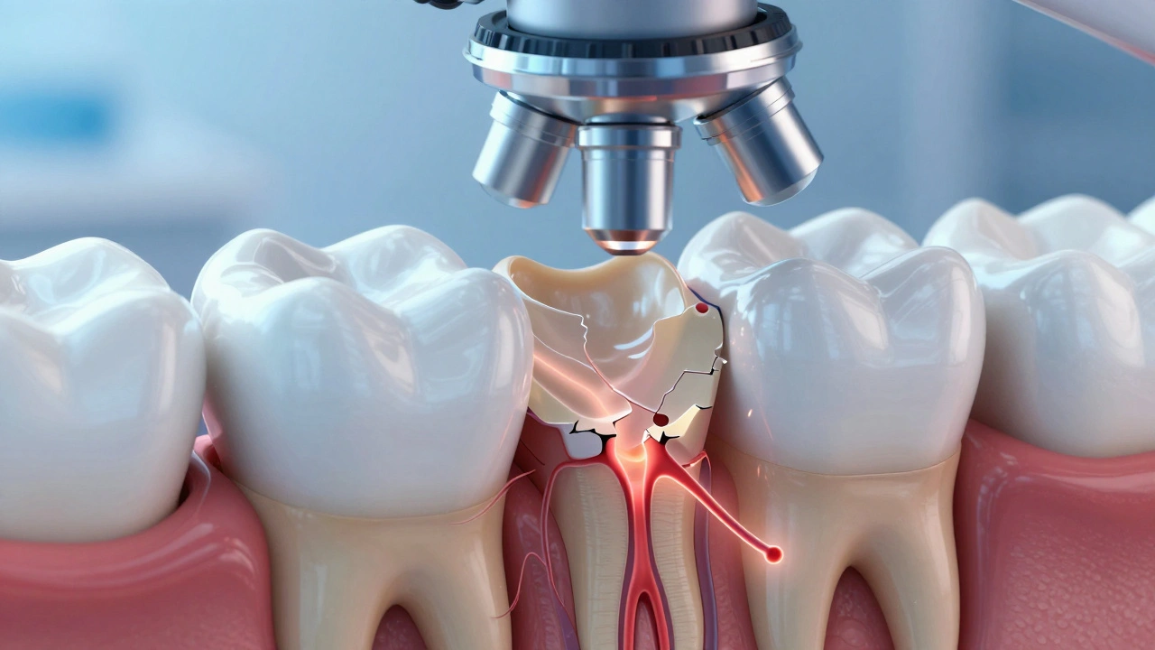 Mikroskopický pohled na poškození zubního smaltu způsobeného bělícím gelem, s viditelnými trhlinami a citlivými kanálky.