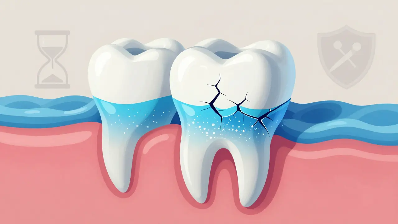 Mikroskopický řez zubem s poškozeným emailem způsobeným příliš častým bělením.