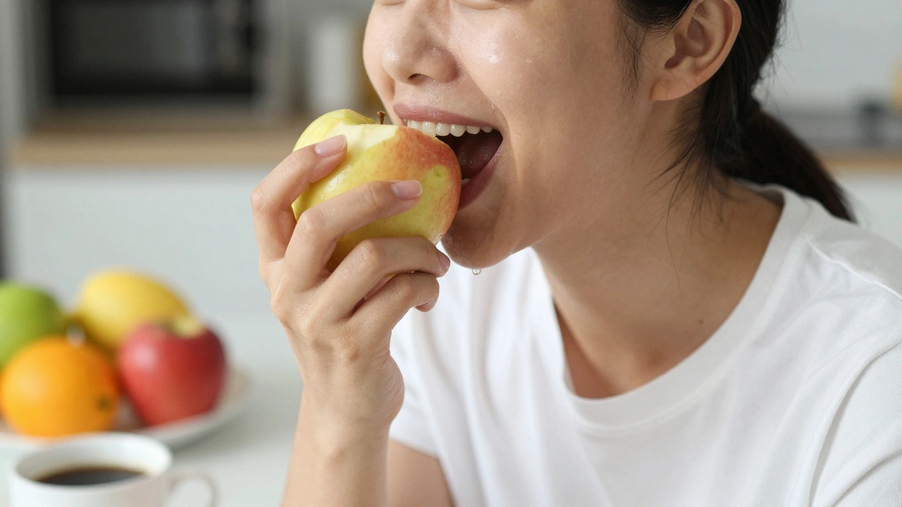 Osoba kousá do jablka s přirozeným úsměvem, bez zubních náhrad.