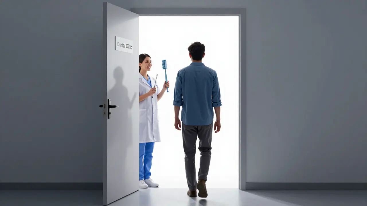 Osoba kročí z tmy do světla při vstupu do zubní ordinace, strach mizí.