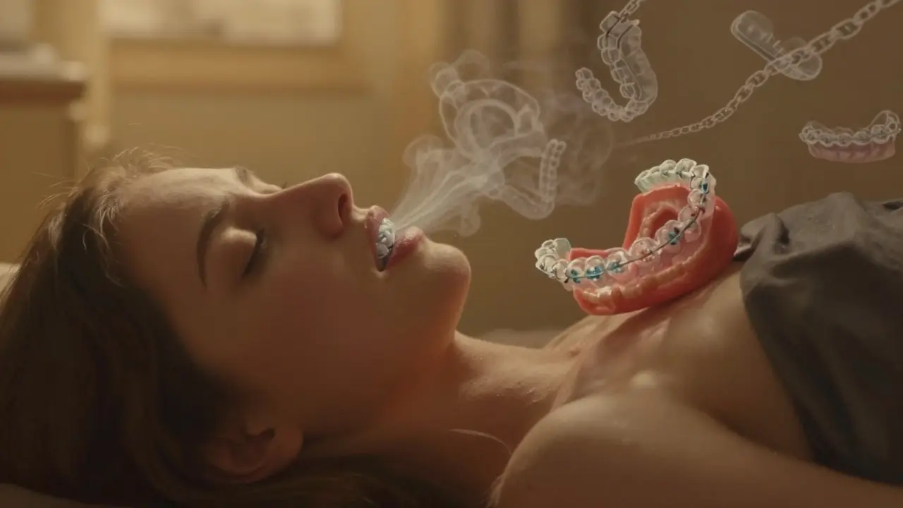 Osoba spí na boku bez rovnátek, volně proudící vzduch z nosu, symbolizující obnovu dýchání a klidný spánek.