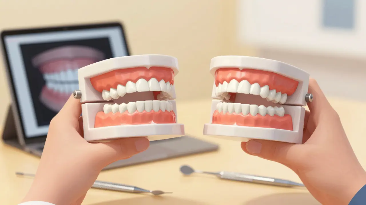 Pacient drží 3D model zubů před a po léčbě keramickými rovnátky v klinice.