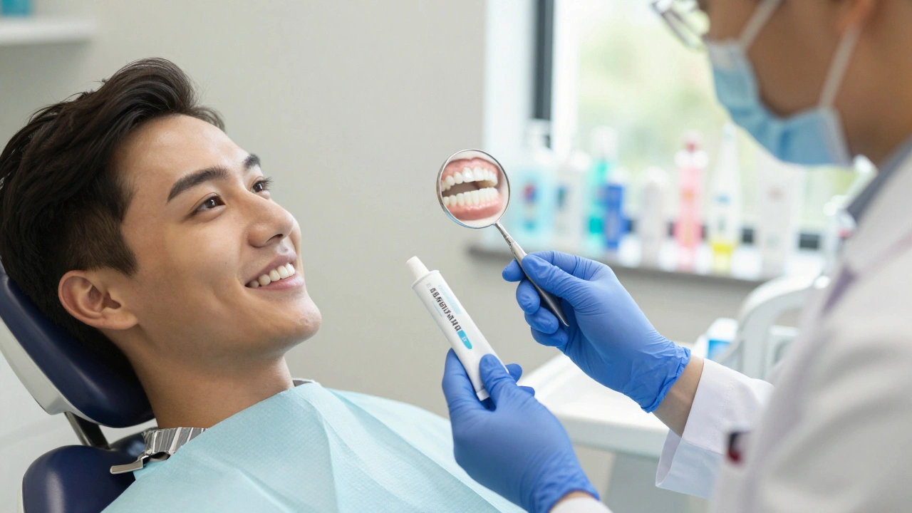 Pacient po broušení zubů v klinice, hladké a lesknoucí se zuby, lékař mu podává fluoridový gel.