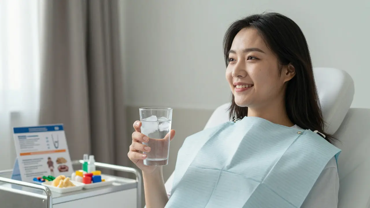 Pacient se po extrakci zubu uklidňuje s návodem na pooperativní péči.