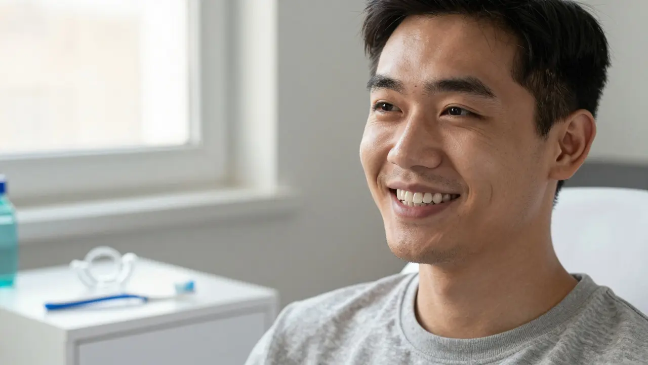 Pacient se usmívá po broušení zubů, na nočním stolku je noční štětice.