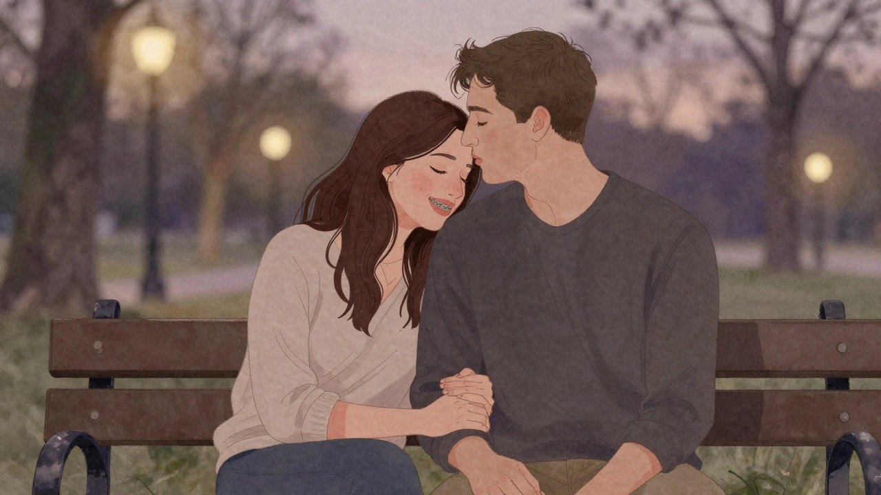 Pár na lavičce v soumraku, žena se přiklání k příteli, její úsměv je klidný a přirozený.